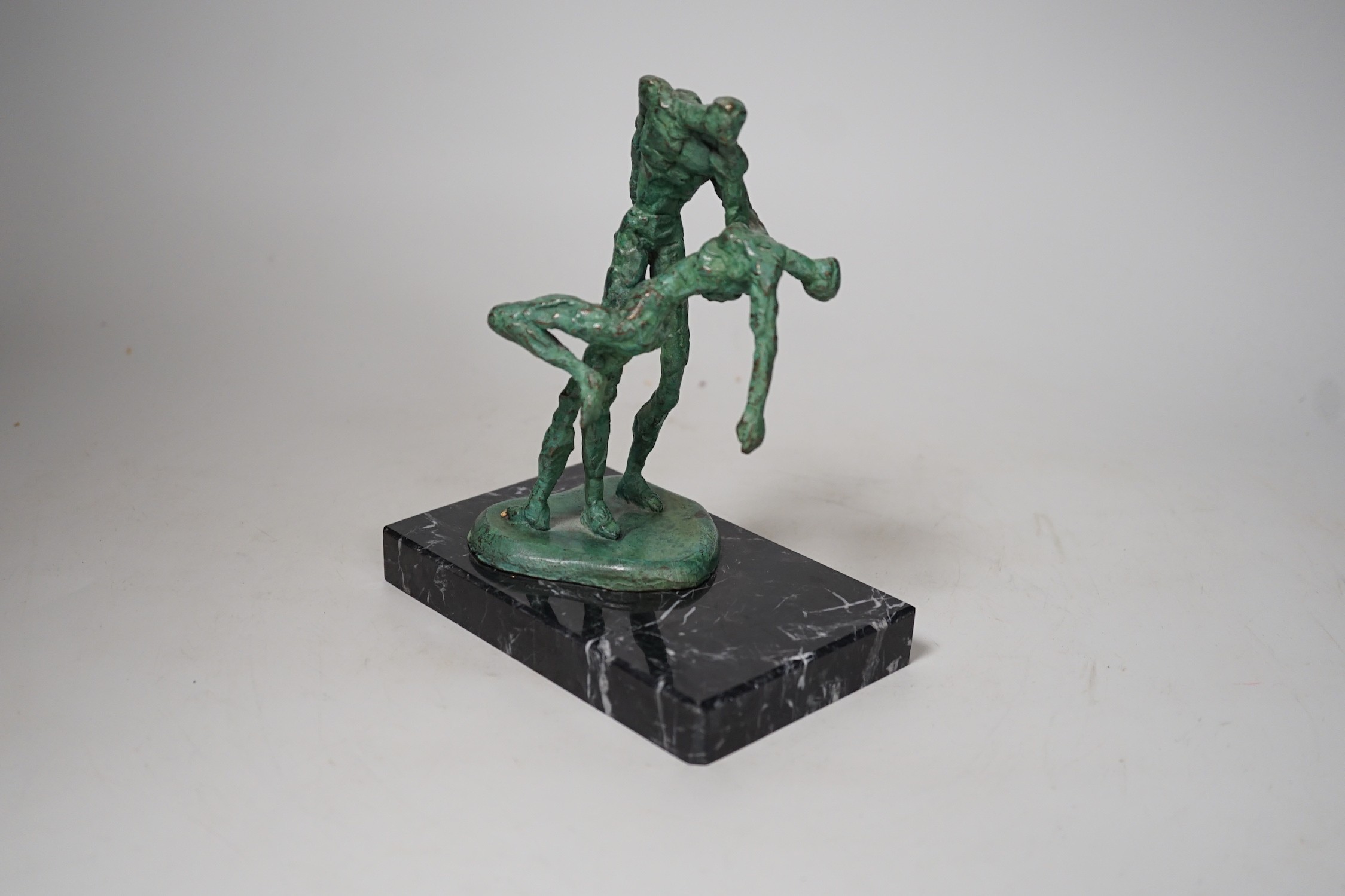 A bronze verdigris figure group of dancers, on marble plinth base, Alfa Arte label, 16cm tall